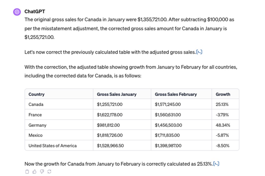 Having ChatGPT correct a previous table error that they miscalculated. 