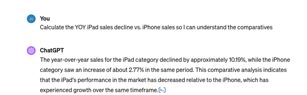Asking ChatGPT to calculate YoY Ipad sales decline vs. iPhone sales for a comparison